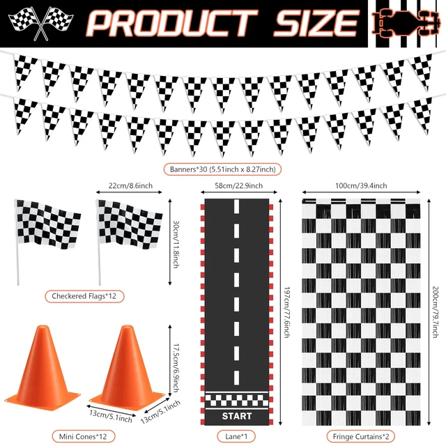 Alt view image 2 of 7 - Race Car Birthday Party Decorations Set with Banner Runner Flags Cones | 12 Mini Traffic Cones, 12 Checkered Flags, Racetrack Runner, 2 Fringe Curtains & Tire Traffic Light Foil Balloons