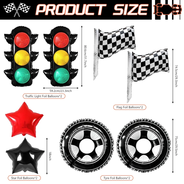 Alt view image 3 of 7 - Race Car Birthday Party Decorations Set with Banner Runner Flags Cones | 12 Mini Traffic Cones, 12 Checkered Flags, Racetrack Runner, 2 Fringe Curtains & Tire Traffic Light Foil Balloons