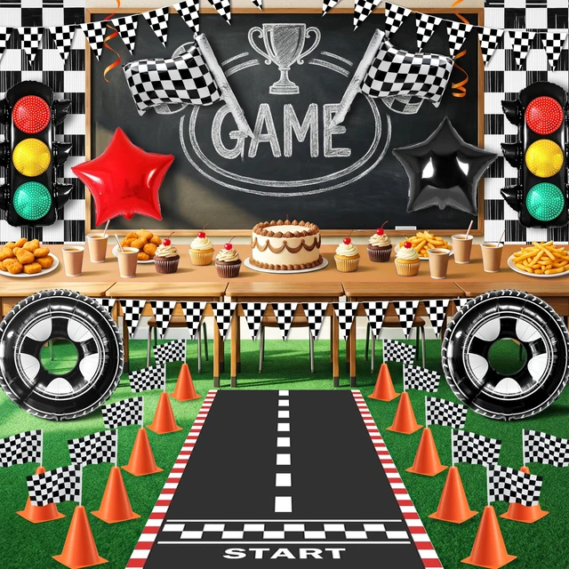 Alt view image 4 of 7 - Race Car Birthday Party Decorations Set with Banner Runner Flags Cones | 12 Mini Traffic Cones, 12 Checkered Flags, Racetrack Runner, 2 Fringe Curtains & Tire Traffic Light Foil Balloons
