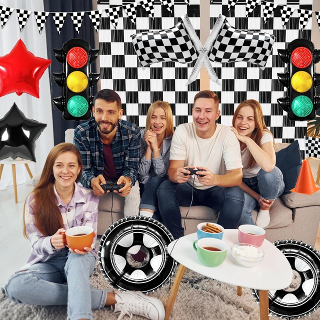 Alt view image 6 of 7 - Race Car Birthday Party Decorations Set with Banner Runner Flags Cones | 12 Mini Traffic Cones, 12 Checkered Flags, Racetrack Runner, 2 Fringe Curtains & Tire Traffic Light Foil Balloons