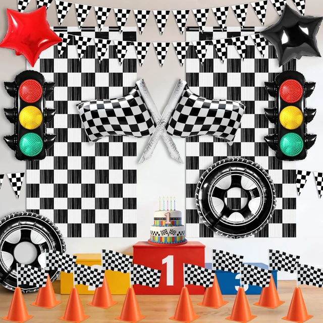 Alt view image 5 of 7 - Race Car Birthday Party Decorations Set with Banner Runner Flags Cones | 12 Mini Traffic Cones, 12 Checkered Flags, Racetrack Runner, 2 Fringe Curtains & Tire Traffic Light Foil Balloons
