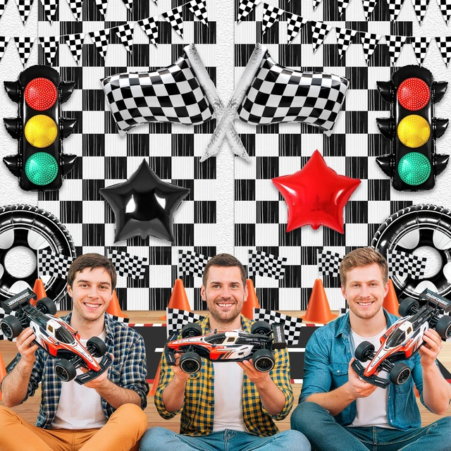 Alt view image 7 of 7 - Race Car Birthday Party Decorations Set with Banner Runner Flags Cones | 12 Mini Traffic Cones, 12 Checkered Flags, Racetrack Runner, 2 Fringe Curtains & Tire Traffic Light Foil Balloons
