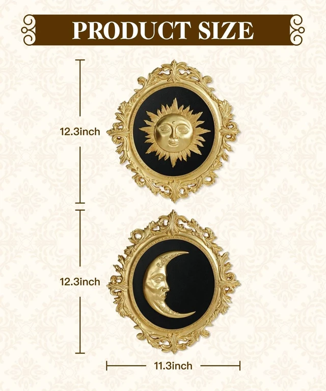 Alt view image 2 of 7 - Putuo Decor Baroque Sun Moon Wall Decor Set, 2-Piece 3D Ovals Gold Resin Relief on Black Backing, Vintage Celestial Accent Wall Hanging Art for Living Room Bedroom Entryway Gallery