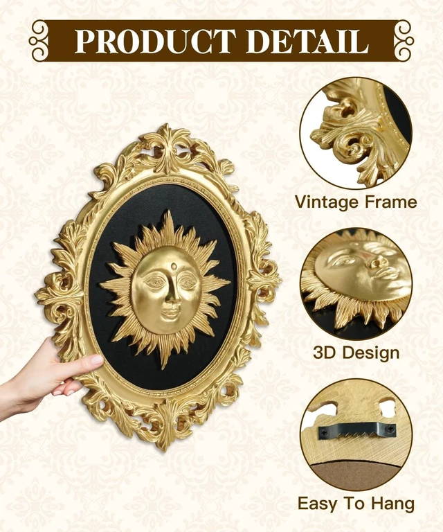 Alt view image 3 of 7 - Putuo Decor Baroque Sun Moon Wall Decor Set, 2-Piece 3D Ovals Gold Resin Relief on Black Backing, Vintage Celestial Accent Wall Hanging Art for Living Room Bedroom Entryway Gallery