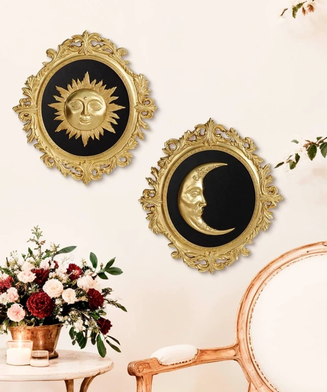 Alt view image 4 of 7 - Putuo Decor Baroque Sun Moon Wall Decor Set, 2-Piece 3D Ovals Gold Resin Relief on Black Backing, Vintage Celestial Accent Wall Hanging Art for Living Room Bedroom Entryway Gallery