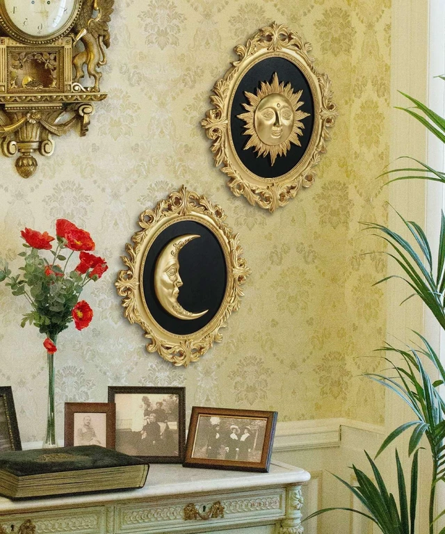 Alt view image 5 of 7 - Putuo Decor Baroque Sun Moon Wall Decor Set, 2-Piece 3D Ovals Gold Resin Relief on Black Backing, Vintage Celestial Accent Wall Hanging Art for Living Room Bedroom Entryway Gallery