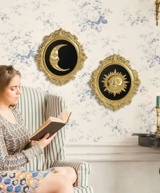Alt view image 6 of 7 - Putuo Decor Baroque Sun Moon Wall Decor Set, 2-Piece 3D Ovals Gold Resin Relief on Black Backing, Vintage Celestial Accent Wall Hanging Art for Living Room Bedroom Entryway Gallery