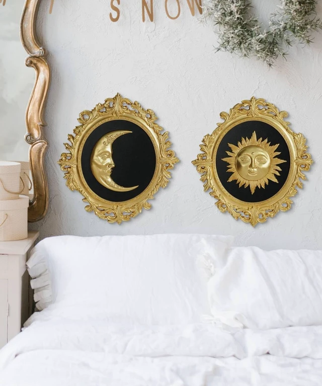 Alt view image 7 of 7 - Putuo Decor Baroque Sun Moon Wall Decor Set, 2-Piece 3D Ovals Gold Resin Relief on Black Backing, Vintage Celestial Accent Wall Hanging Art for Living Room Bedroom Entryway Gallery