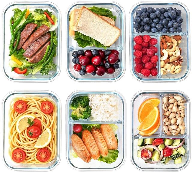 Main image of Glass Meal Prep Containers with Dividers, 1 & 2 & 3 Compartments 6 Pack | 6-Pack Divided Glass Food Storage Containers, Airtight Leakproof, BPA-Free, Microwave/Dishwasher/Freezer Safe, Stackable