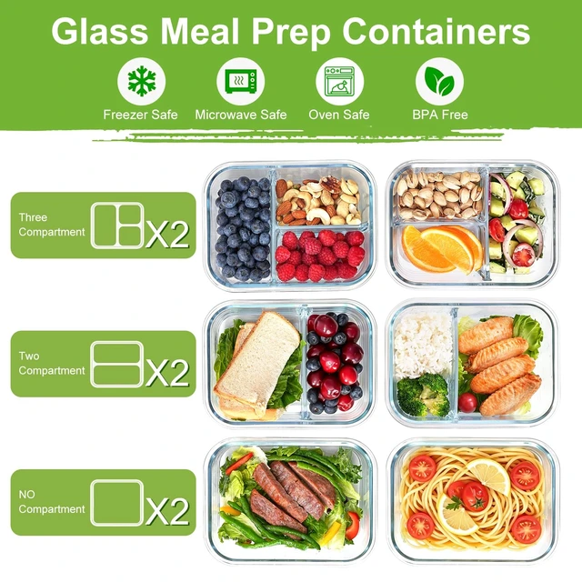 Alt view image 2 of 7 - Glass Meal Prep Containers with Dividers, 1 & 2 & 3 Compartments 6 Pack | 6-Pack Divided Glass Food Storage Containers, Airtight Leakproof, BPA-Free, Microwave/Dishwasher/Freezer Safe, Stackable