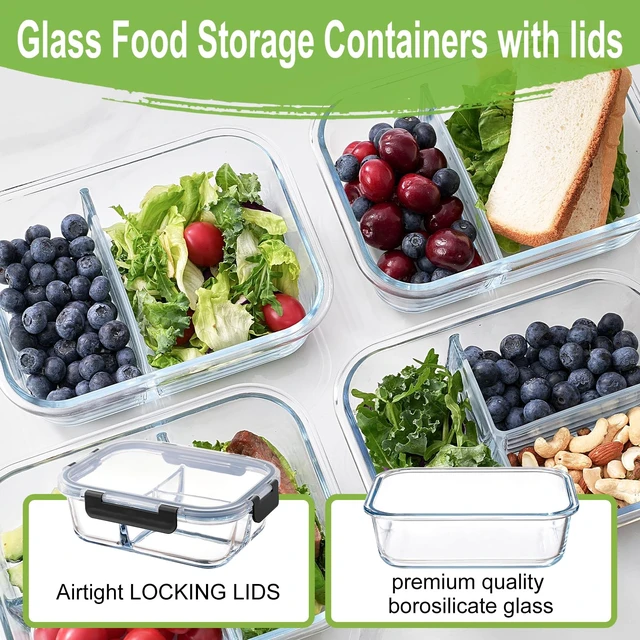 Alt view image 3 of 7 - Glass Meal Prep Containers with Dividers, 1 & 2 & 3 Compartments 6 Pack | 6-Pack Divided Glass Food Storage Containers, Airtight Leakproof, BPA-Free, Microwave/Dishwasher/Freezer Safe, Stackable