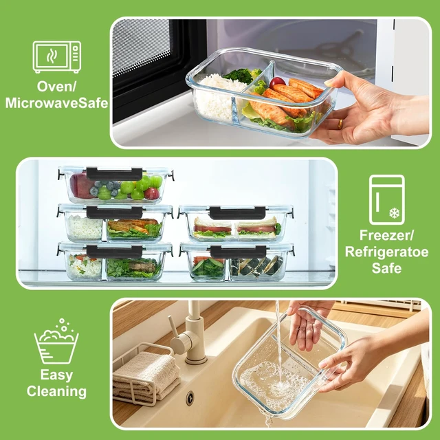 Alt view image 4 of 7 - Glass Meal Prep Containers with Dividers, 1 & 2 & 3 Compartments 6 Pack | 6-Pack Divided Glass Food Storage Containers, Airtight Leakproof, BPA-Free, Microwave/Dishwasher/Freezer Safe, Stackable