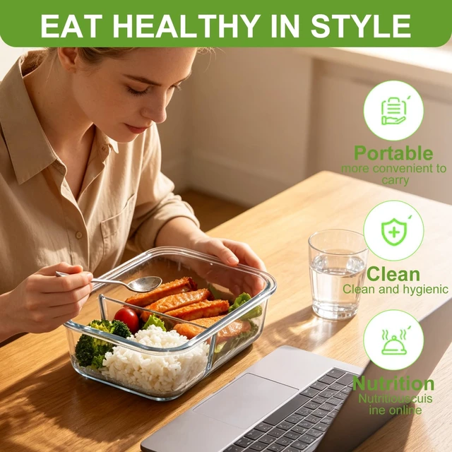 Alt view image 7 of 7 - Glass Meal Prep Containers with Dividers, 1 & 2 & 3 Compartments 6 Pack | 6-Pack Divided Glass Food Storage Containers, Airtight Leakproof, BPA-Free, Microwave/Dishwasher/Freezer Safe, Stackable