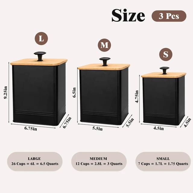 Alt view image 2 of 6 - Kitchen Canisters Set of 3, Metal Flour Sugar Storage Containers with Airtight Lids-Canisters Sets for Kitchen with Customizable Chalkboard Labels & Marker Pen-Spice, Coffee Storage Jars(Black)