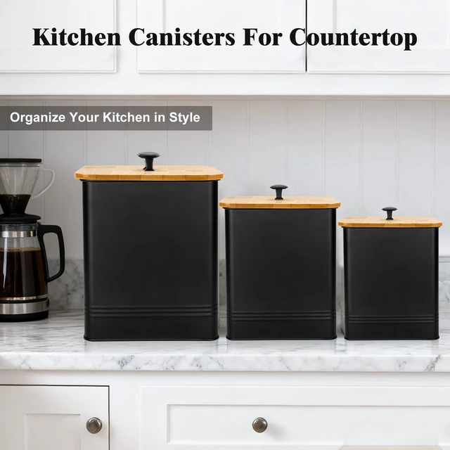Alt view image 3 of 6 - Kitchen Canisters Set of 3, Metal Flour Sugar Storage Containers with Airtight Lids-Canisters Sets for Kitchen with Customizable Chalkboard Labels & Marker Pen-Spice, Coffee Storage Jars(Black)