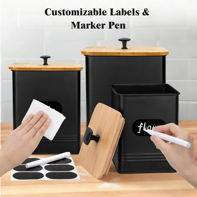 Alt view image 4 of 6 - Kitchen Canisters Set of 3, Metal Flour Sugar Storage Containers with Airtight Lids-Canisters Sets for Kitchen with Customizable Chalkboard Labels & Marker Pen-Spice, Coffee Storage Jars(Black)