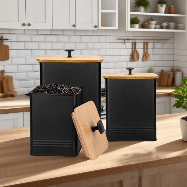 Alt view image 6 of 6 - Kitchen Canisters Set of 3, Metal Flour Sugar Storage Containers with Airtight Lids-Canisters Sets for Kitchen with Customizable Chalkboard Labels & Marker Pen-Spice, Coffee Storage Jars(Black)
