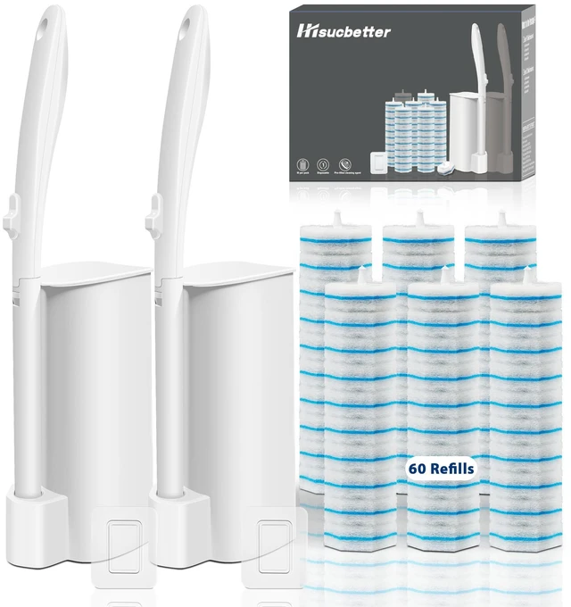 Main image of 2 Pack Disposable Toilet Brush with 60 Refills, 2026 Upgrade Wall Mounted Toilet Bowl Cleaner Wand Kit and Holder, Bathroom Cleaning Supplies, Toilet Scrubber Disposable Heads