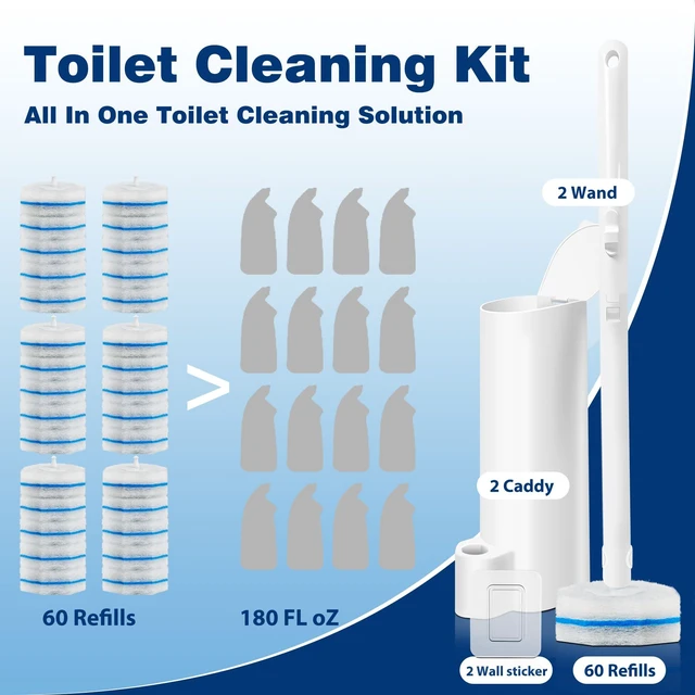 Alt view image 2 of 7 - 2 Pack Disposable Toilet Brush with 60 Refills, 2026 Upgrade Wall Mounted Toilet Bowl Cleaner Wand Kit and Holder, Bathroom Cleaning Supplies, Toilet Scrubber Disposable Heads