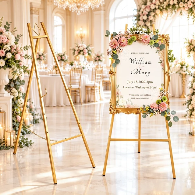 Main image of 57.5" Gold Easel Stand for Sign, Wedding Sign Stand for Display | 4 Adjustable Height Levels Heavy Duty Metal Display Stand Floor Standing Easels for Paintings, Pictures.Assembly Required