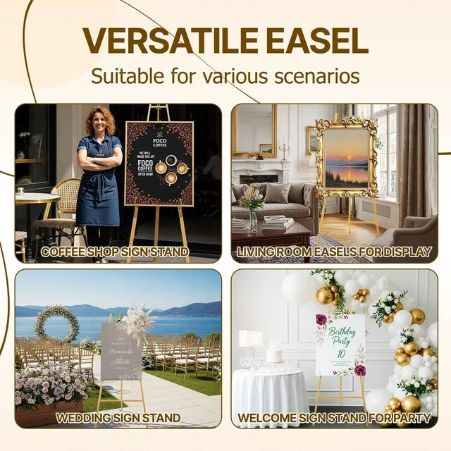 Alt view image 4 of 7 - 57.5" Gold Easel Stand for Sign, Wedding Sign Stand for Display | 4 Adjustable Height Levels Heavy Duty Metal Display Stand Floor Standing Easels for Paintings, Pictures.Assembly Required