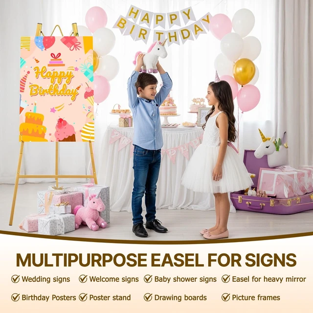 Alt view image 2 of 7 - 57.5" Gold Easel Stand for Sign, Wedding Sign Stand for Display | 4 Adjustable Height Levels Heavy Duty Metal Display Stand Floor Standing Easels for Paintings, Pictures.Assembly Required