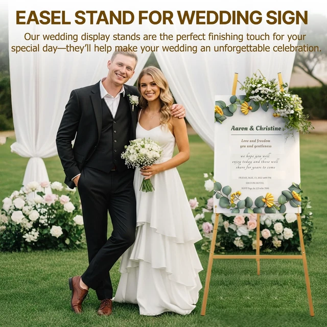 Alt view image 5 of 7 - 57.5" Gold Easel Stand for Sign, Wedding Sign Stand for Display | 4 Adjustable Height Levels Heavy Duty Metal Display Stand Floor Standing Easels for Paintings, Pictures.Assembly Required