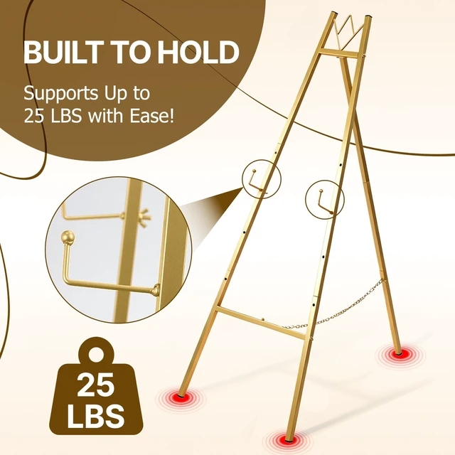Alt view image 7 of 7 - 57.5" Gold Easel Stand for Sign, Wedding Sign Stand for Display | 4 Adjustable Height Levels Heavy Duty Metal Display Stand Floor Standing Easels for Paintings, Pictures.Assembly Required