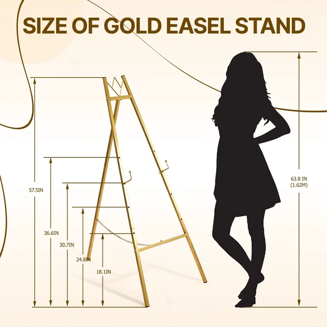 Alt view image 3 of 7 - 57.5" Gold Easel Stand for Sign, Wedding Sign Stand for Display | 4 Adjustable Height Levels Heavy Duty Metal Display Stand Floor Standing Easels for Paintings, Pictures.Assembly Required