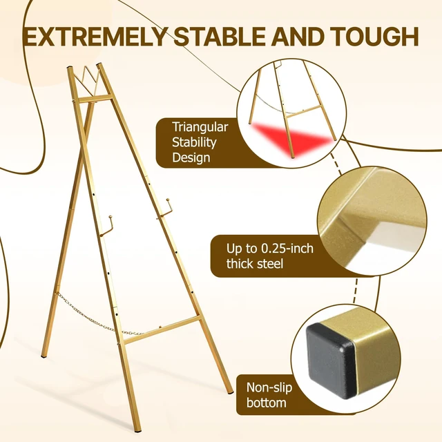 Alt view image 6 of 7 - 57.5" Gold Easel Stand for Sign, Wedding Sign Stand for Display | 4 Adjustable Height Levels Heavy Duty Metal Display Stand Floor Standing Easels for Paintings, Pictures.Assembly Required