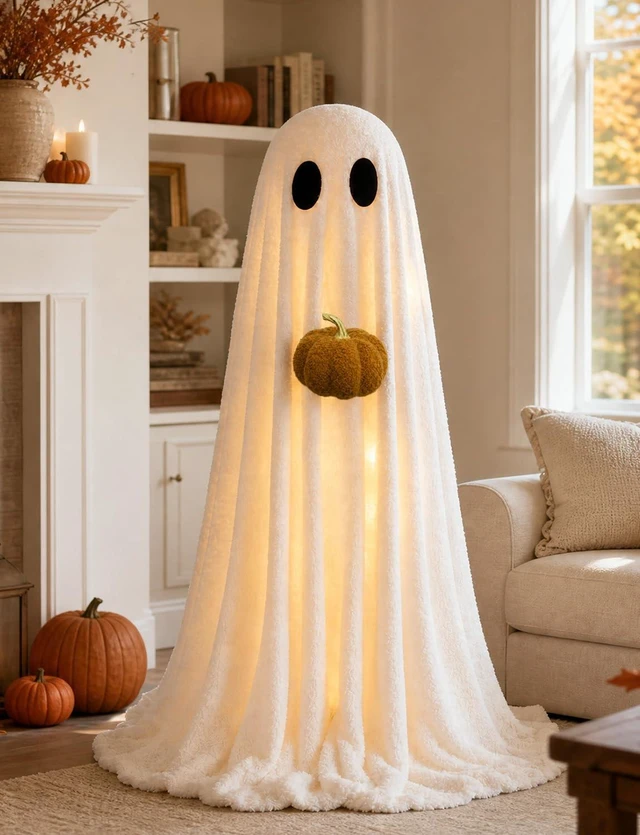 Main image of Halloween Decorations Indoor 3.6FT Light-Up Sherpa Ghost with Pumpkin | Light-up ghost,cute,easy setup,adjustable tripod,warm glowfor living room, fireplace, bedroom & parties