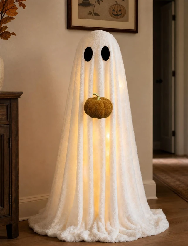Alt view image 2 of 7 - Halloween Decorations Indoor 3.6FT Light-Up Sherpa Ghost with Pumpkin | Light-up ghost,cute,easy setup,adjustable tripod,warm glowfor living room, fireplace, bedroom & parties