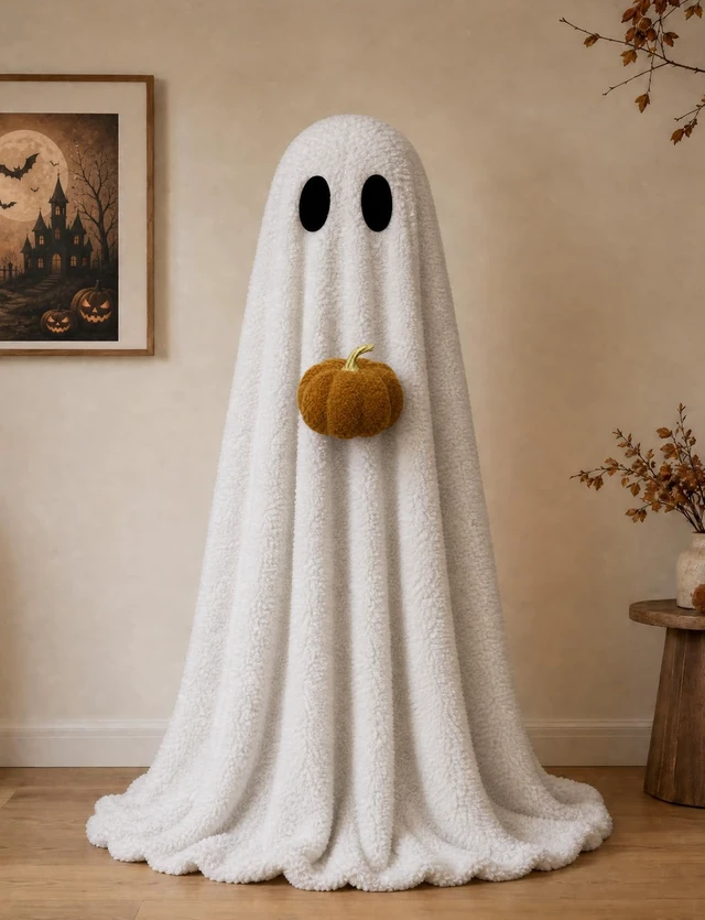 Alt view image 4 of 7 - Halloween Decorations Indoor 3.6FT Light-Up Sherpa Ghost with Pumpkin | Light-up ghost,cute,easy setup,adjustable tripod,warm glowfor living room, fireplace, bedroom & parties