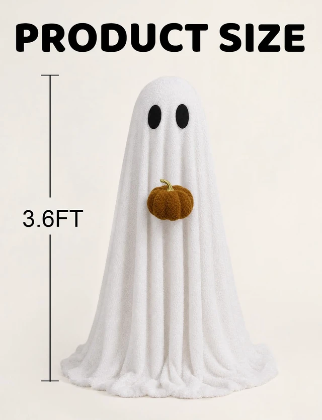 Alt view image 6 of 7 - Halloween Decorations Indoor 3.6FT Light-Up Sherpa Ghost with Pumpkin | Light-up ghost,cute,easy setup,adjustable tripod,warm glowfor living room, fireplace, bedroom & parties