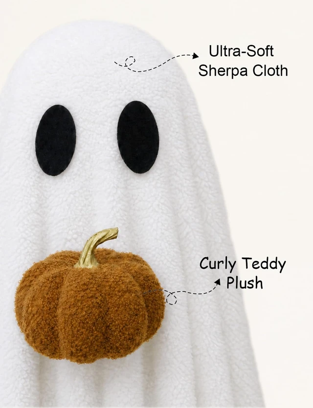 Alt view image 5 of 7 - Halloween Decorations Indoor 3.6FT Light-Up Sherpa Ghost with Pumpkin | Light-up ghost,cute,easy setup,adjustable tripod,warm glowfor living room, fireplace, bedroom & parties