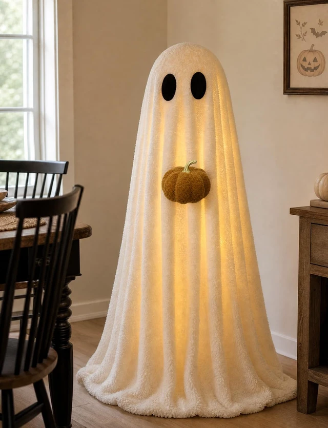 Alt view image 7 of 7 - Halloween Decorations Indoor 3.6FT Light-Up Sherpa Ghost with Pumpkin | Light-up ghost,cute,easy setup,adjustable tripod,warm glowfor living room, fireplace, bedroom & parties