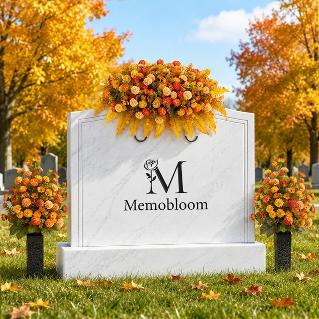 Alt view image 2 of 7 - Fall Flowers for Cemetery Decorations: Headstone Flower Saddle | Fake Silk Mums, Orange, Artificial Cemetery Flowers Fall Colors for Outdoor Grave Decor, Tombstone, Gravestone