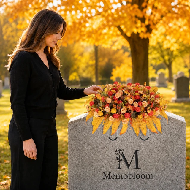 Alt view image 3 of 7 - Fall Flowers for Cemetery Decorations: Headstone Flower Saddle | Fake Silk Mums, Orange, Artificial Cemetery Flowers Fall Colors for Outdoor Grave Decor, Tombstone, Gravestone