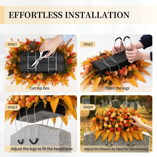 Alt view image 5 of 7 - Fall Flowers for Cemetery Decorations: Headstone Flower Saddle | Fake Silk Mums, Orange, Artificial Cemetery Flowers Fall Colors for Outdoor Grave Decor, Tombstone, Gravestone