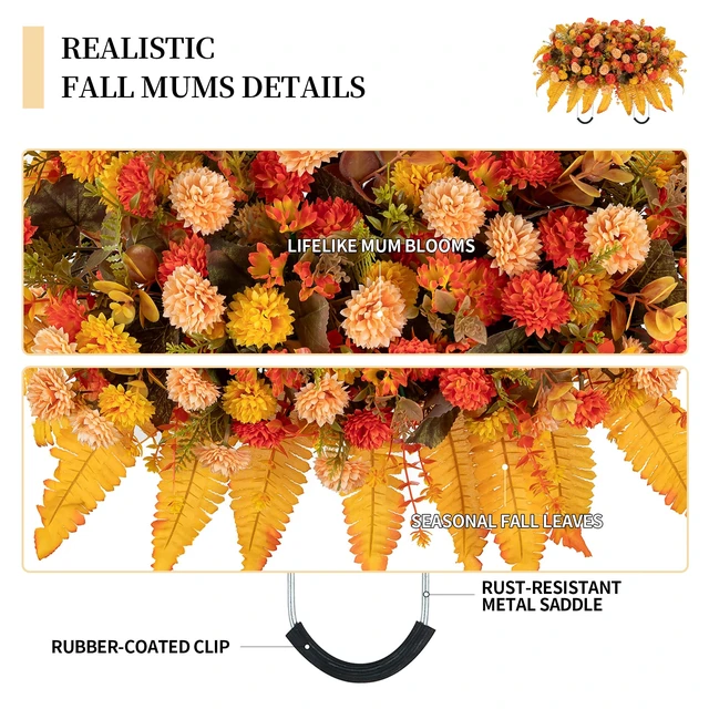 Alt view image 6 of 7 - Fall Flowers for Cemetery Decorations: Headstone Flower Saddle | Fake Silk Mums, Orange, Artificial Cemetery Flowers Fall Colors for Outdoor Grave Decor, Tombstone, Gravestone