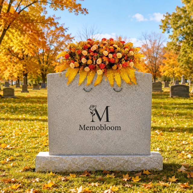 Alt view image 7 of 7 - Fall Flowers for Cemetery Decorations: Headstone Flower Saddle | Fake Silk Mums, Orange, Artificial Cemetery Flowers Fall Colors for Outdoor Grave Decor, Tombstone, Gravestone
