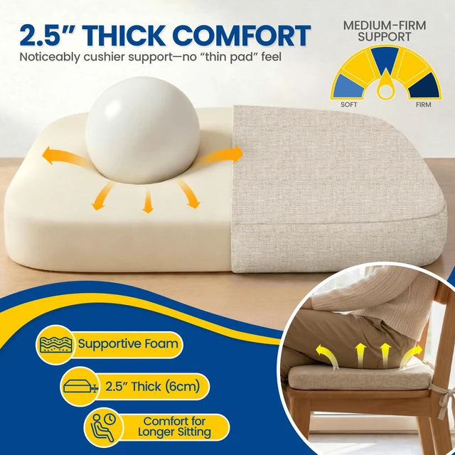 Alt view image 2 of 7 - Chair Cushions for Dining Chairs, Set of 4, 2.5 Inches Thick | High-Density Foam Kitchen Chair Cushions with Ties, Non-Slip Bottom and Removable Machine-Washable Covers, 17 x 16 in, Beige