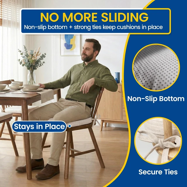 Alt view image 3 of 7 - Chair Cushions for Dining Chairs, Set of 4, 2.5 Inches Thick | High-Density Foam Kitchen Chair Cushions with Ties, Non-Slip Bottom and Removable Machine-Washable Covers, 17 x 16 in, Beige