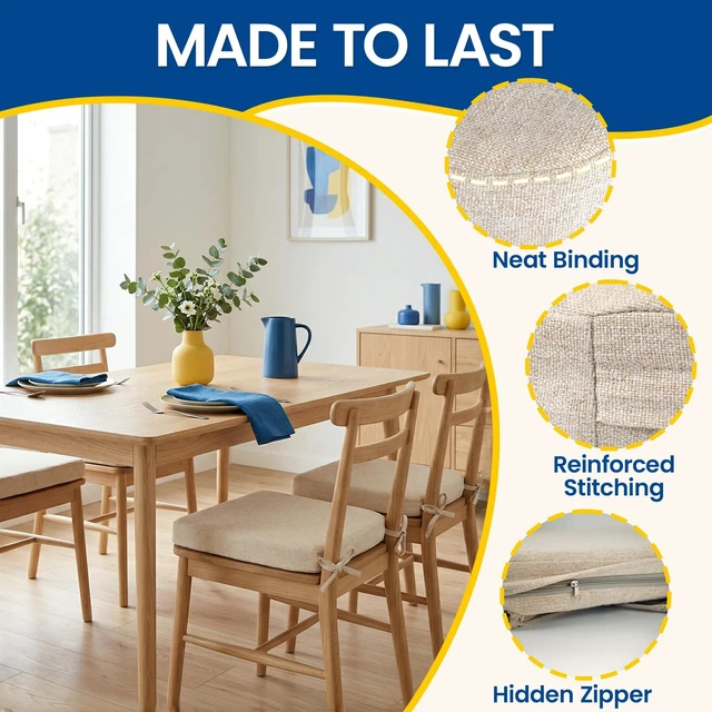 Alt view image 5 of 7 - Chair Cushions for Dining Chairs, Set of 4, 2.5 Inches Thick | High-Density Foam Kitchen Chair Cushions with Ties, Non-Slip Bottom and Removable Machine-Washable Covers, 17 x 16 in, Beige