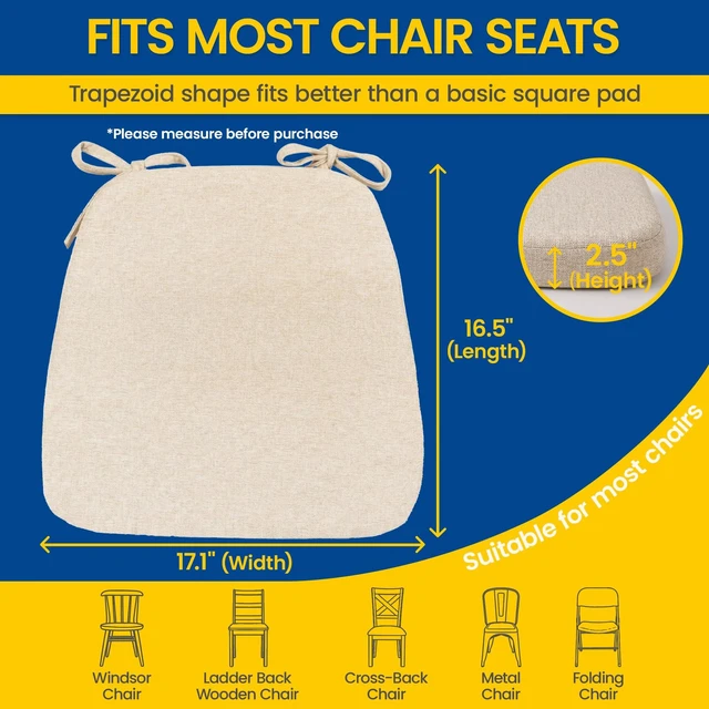 Alt view image 6 of 7 - Chair Cushions for Dining Chairs, Set of 4, 2.5 Inches Thick | High-Density Foam Kitchen Chair Cushions with Ties, Non-Slip Bottom and Removable Machine-Washable Covers, 17 x 16 in, Beige