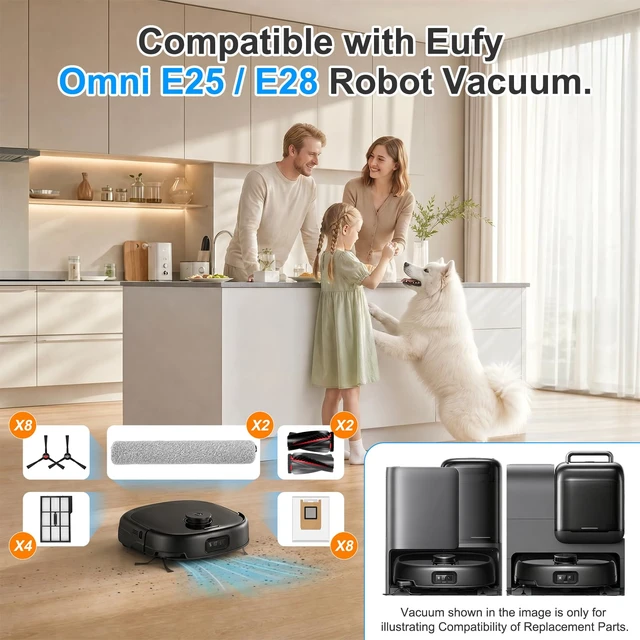 Alt view image 2 of 7 - Accessory Kit Replacement Parts Compatible with eufy Omni E25/E28 | Robot Vacuum, 1 Set Rolling Brushes, 2 Roller Mops, 4 Filters, 8 Dust Bags, 8 Side Brushes, 1 Cleaning Brush