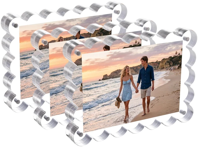 Main image of 3Pack 4x6 Inch Scalloped Acrylic Picture Magnetic Frames | Double Sided Dsplay 10mm+10mm Thick Clear Block Holds Two Photos For Desk Tabletop Home Office Decor