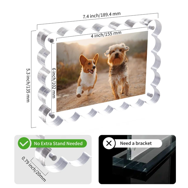 Alt view image 4 of 7 - 3Pack 4x6 Inch Scalloped Acrylic Picture Magnetic Frames | Double Sided Dsplay 10mm+10mm Thick Clear Block Holds Two Photos For Desk Tabletop Home Office Decor