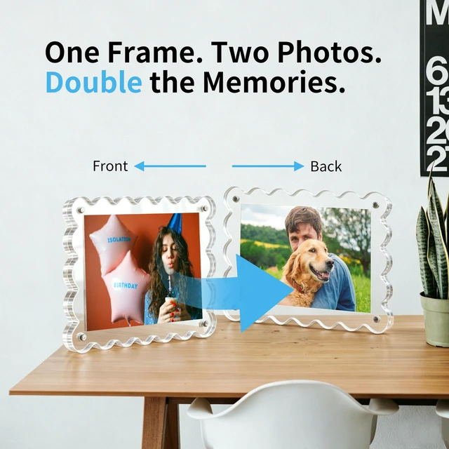Alt view image 5 of 7 - 3Pack 4x6 Inch Scalloped Acrylic Picture Magnetic Frames | Double Sided Dsplay 10mm+10mm Thick Clear Block Holds Two Photos For Desk Tabletop Home Office Decor