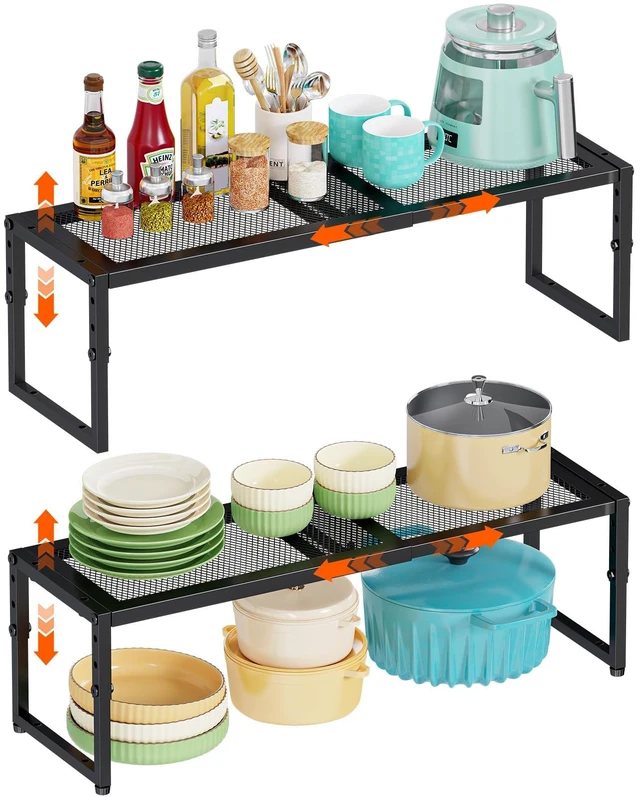 Main image of 2 Pack Expandable Kitchen Cabinet Shelf Organizer, 15.5"-25.5" Long Adjustable Storage Shelves Organizers for Kitchen Countertop Pantry Cupboard Table Desk Counter, Stackable, 30LBS Load Capacity